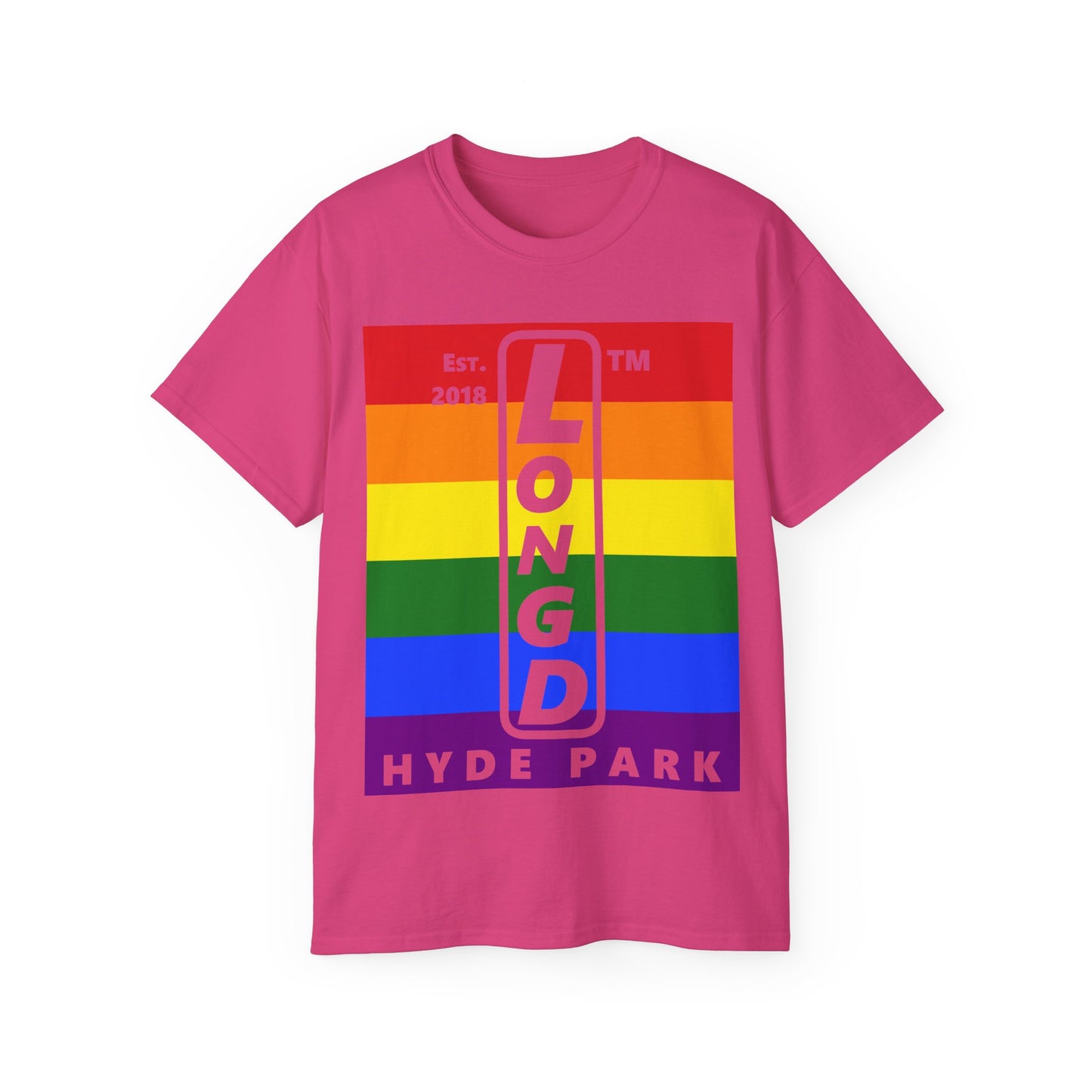 LongD Cotton Tee negative horizontal striped Hyde Park upright logo (Pride colors)