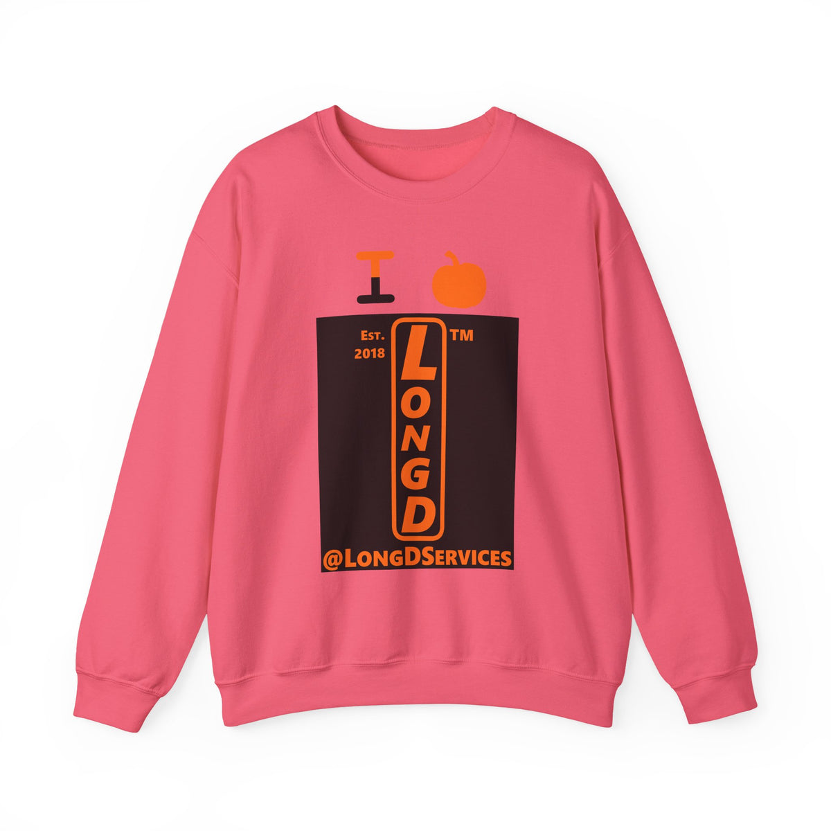 I pumpkin LongD Tag upright logo positive orange on negative black crewneck sweatshirt