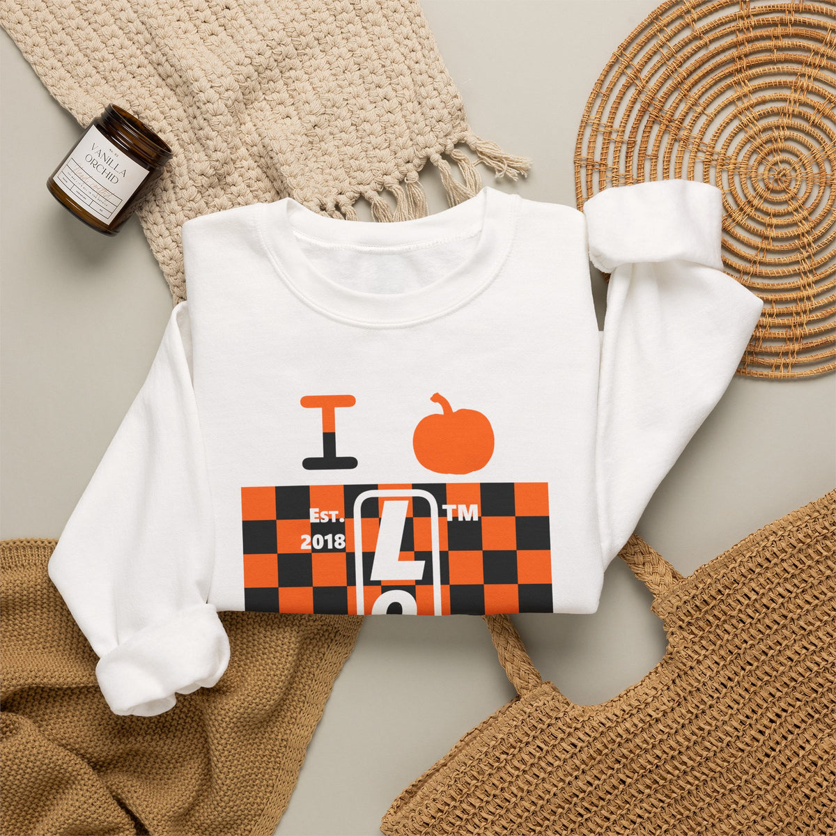 I pumpkin LongD Tag negative upright checkered logo crewneck sweatshirt
