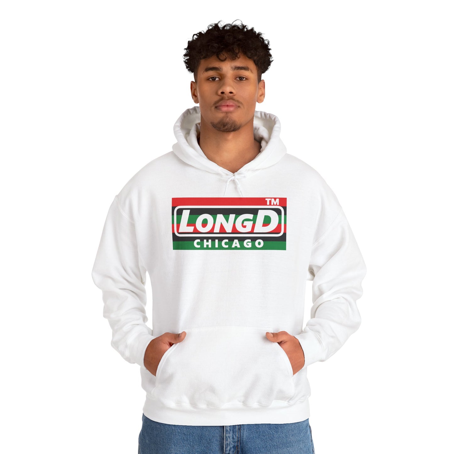 LongD® negative horizontal 6-striped Chicago logo Hoodie (Juneteenth colors)