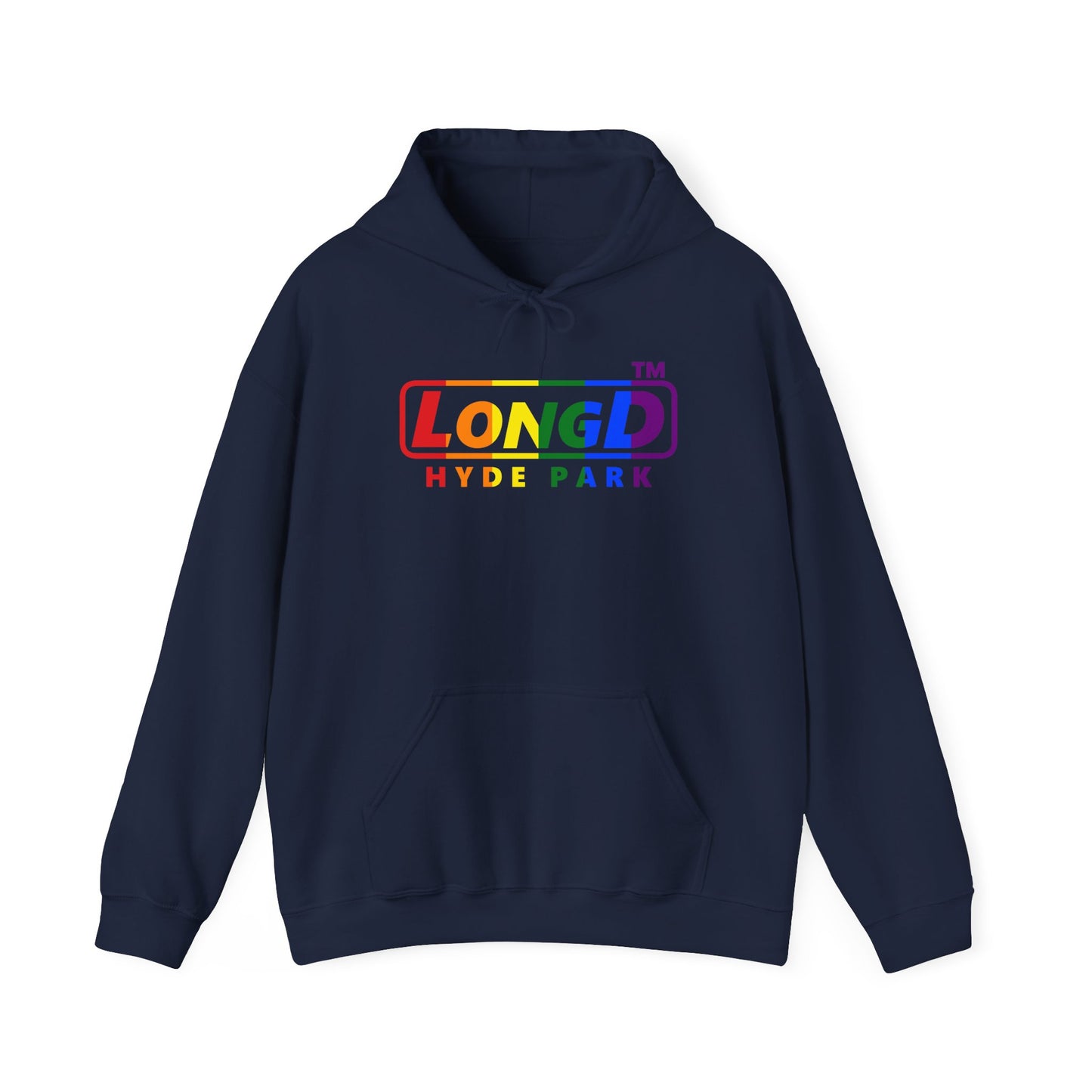 LongD® positive vertical striped Hyde Park logo hoodie (Pride colors)