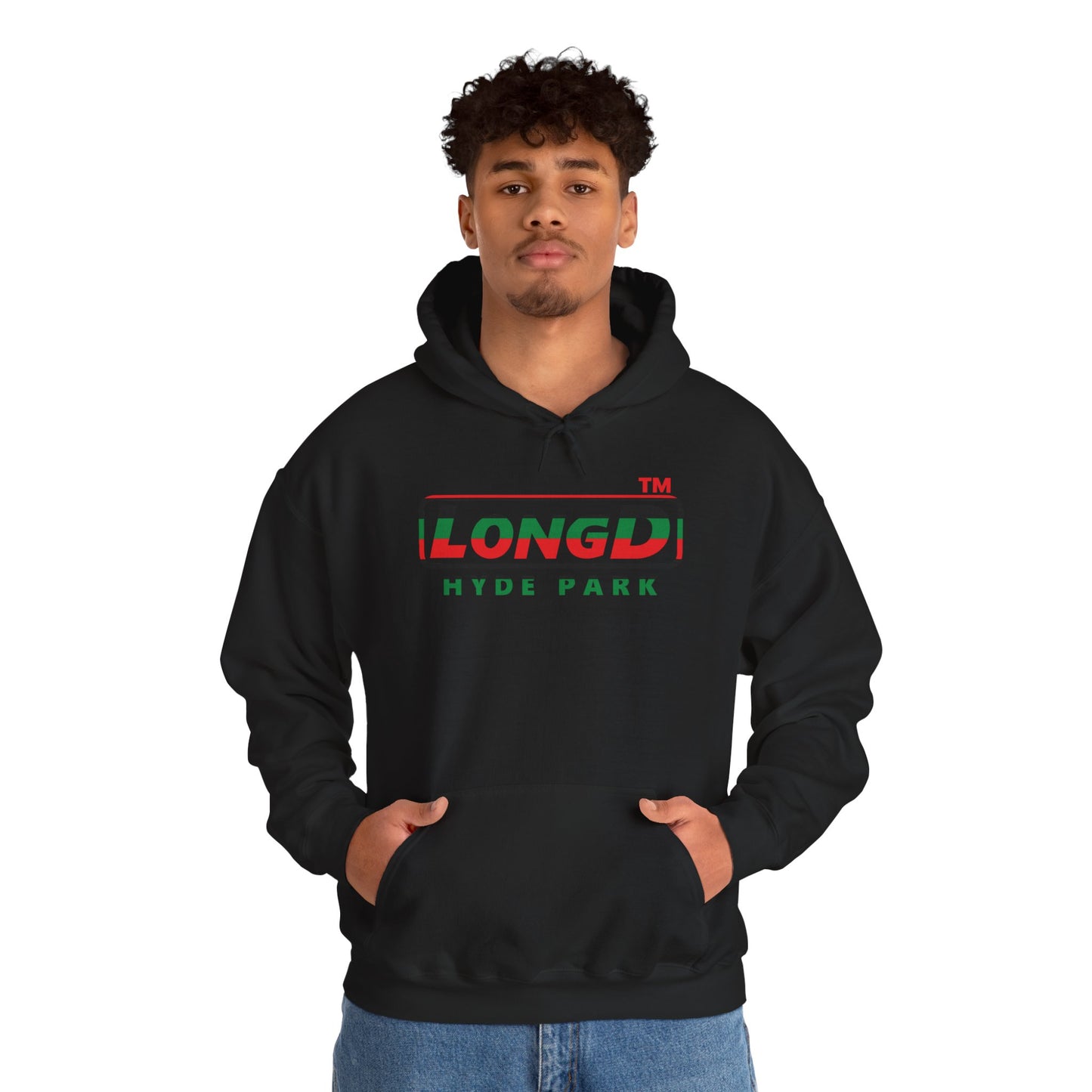 LongD® positive horizontal 6-striped Hyde Park logo Hoodie (Juneteenth colors)