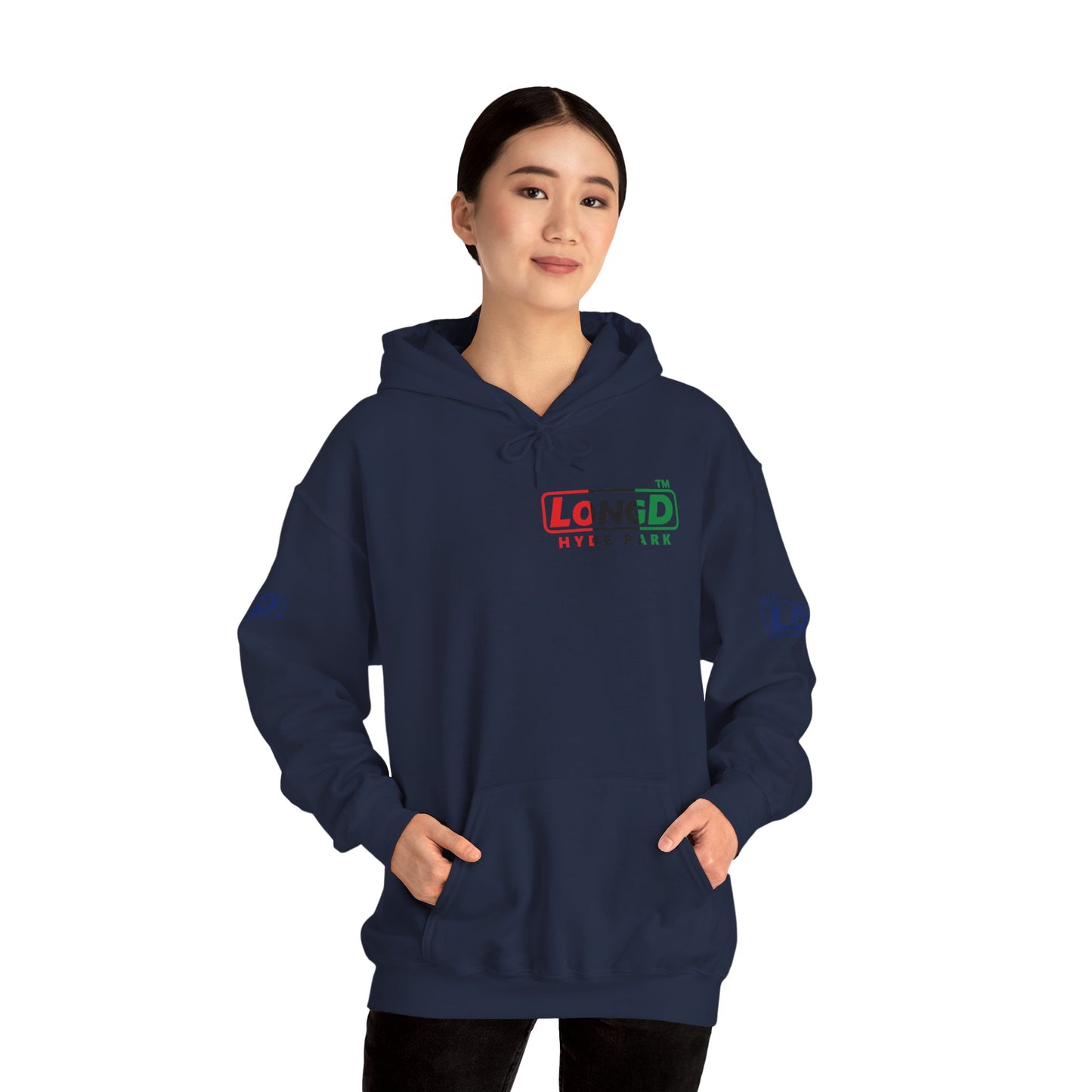 LongD® positive vertical 3-striped 4-print single-breasted Hyde Park logo Hoodie (Juneteenth colors)