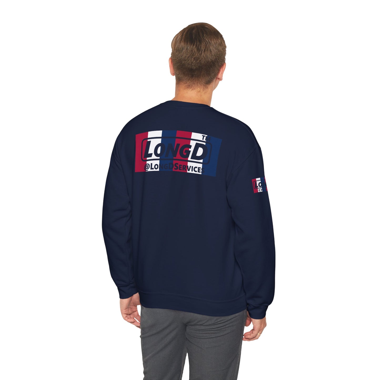 I firecracker LongD positive vertical 6-striped 4-print Hyde Park logo crewneck sweatshirt