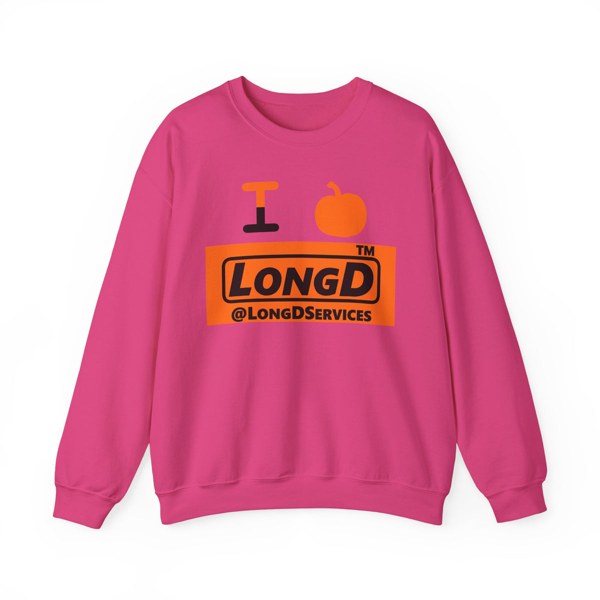 I pumpkin LongD Tag logo positive black on negative orange crewneck sweatshirt