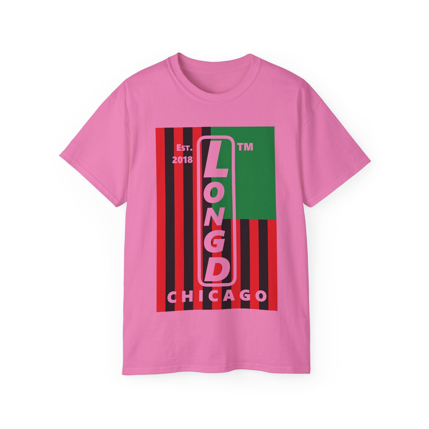 LongD Cotton Tee negative flag Chicago upright logo (Juneteenth colors)