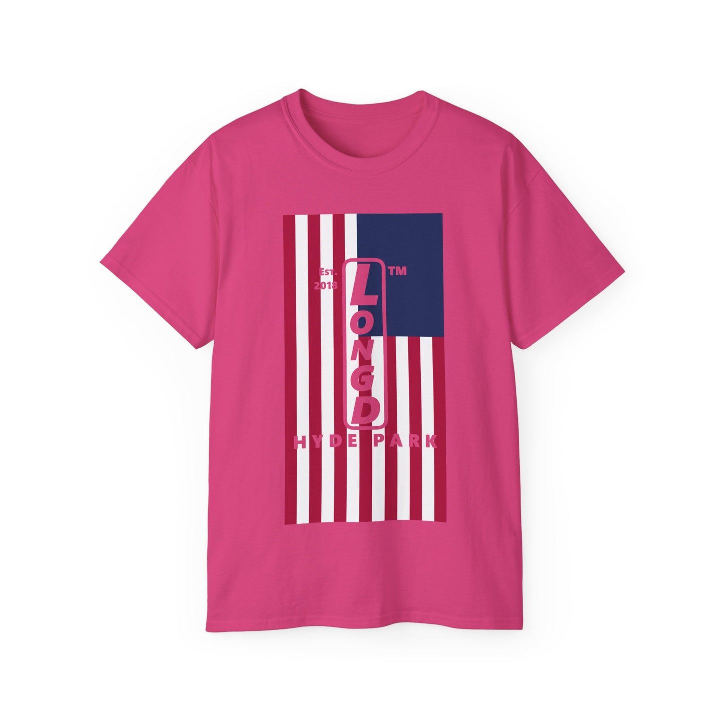 LongD cotton tee negative flag Hyde Park upright logo (Patriotic colors)
