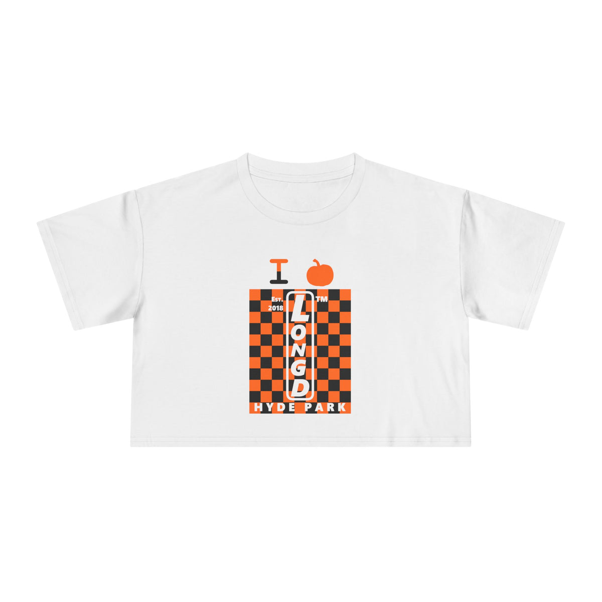 I pumpkin LongD Hyde Park negative upright checkered logo crop tee