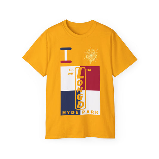 I Burst LongD cotton tee negative quarters Hyde Park upright logo (Patriotic colors)