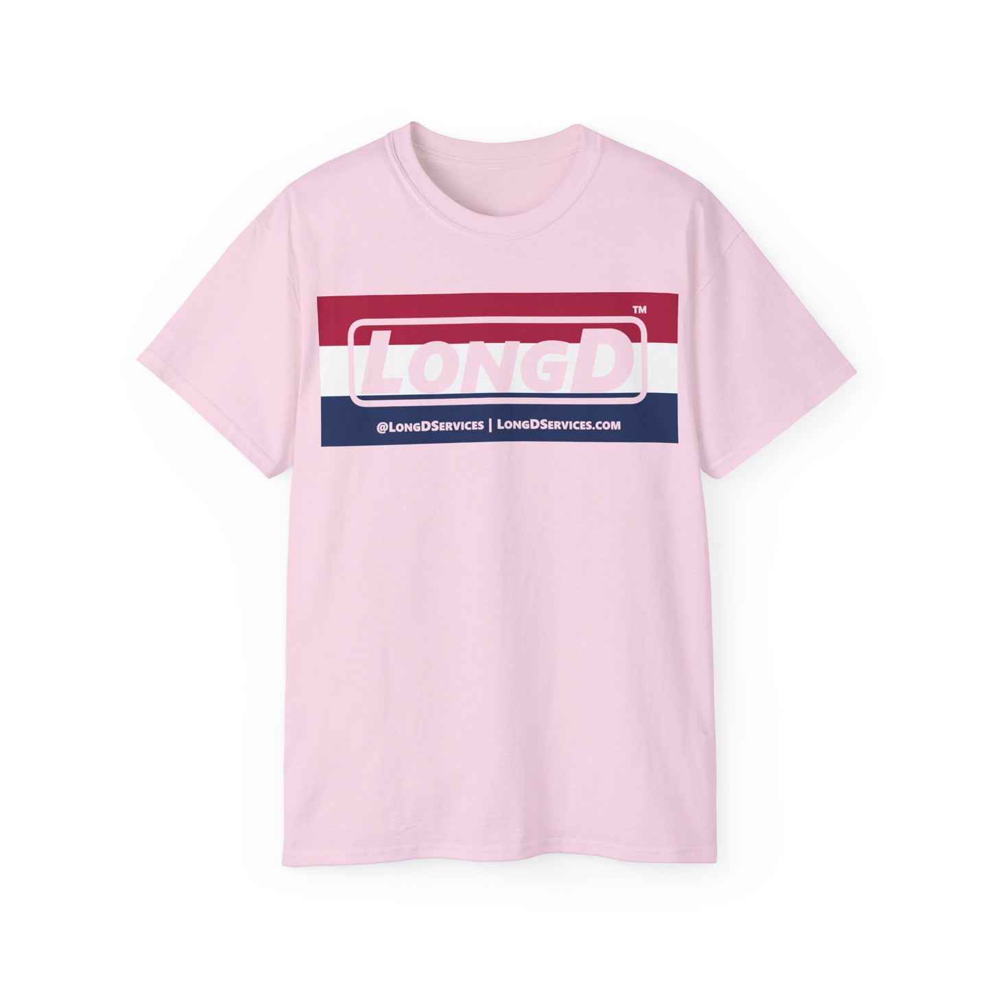 LongD® Logo Cotton Tee Red, White and Blue striped thirds negative text