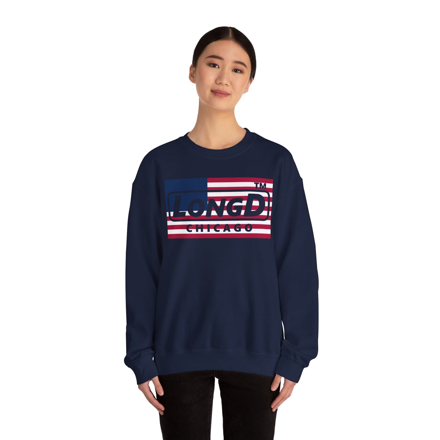 LongD negative flag Chicago logo crewneck sweatshirt (patriotic colors)