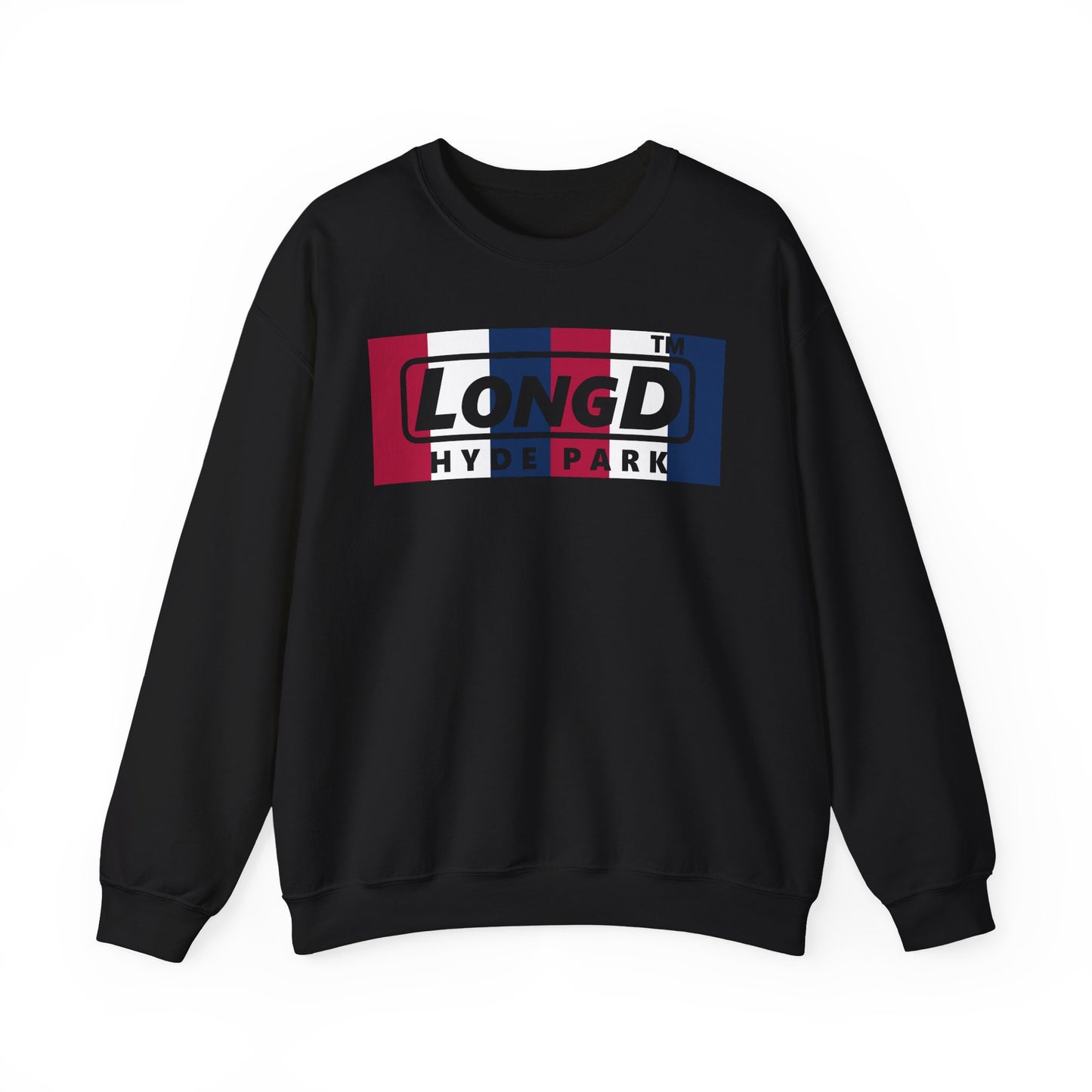 LongD negative vertical 6-striped Hyde Park logo crewneck sweatshirt (patriotic colors)