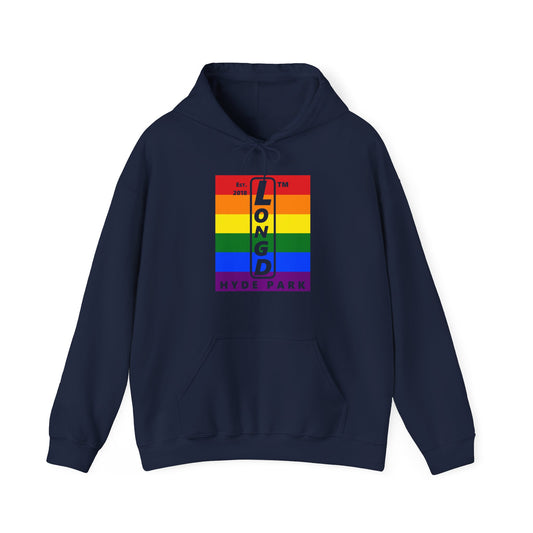 LongD® negative horizontal 6-striped upright Hyde Park logo hoodie (Pride colors)