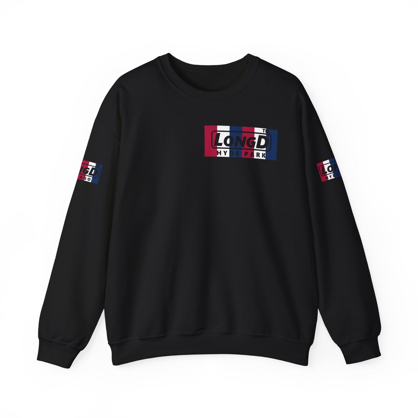 LongD negative vertical 6-striped 4-print single-breasted Hyde Park logo crewneck sweatshirt (patriotic colors)