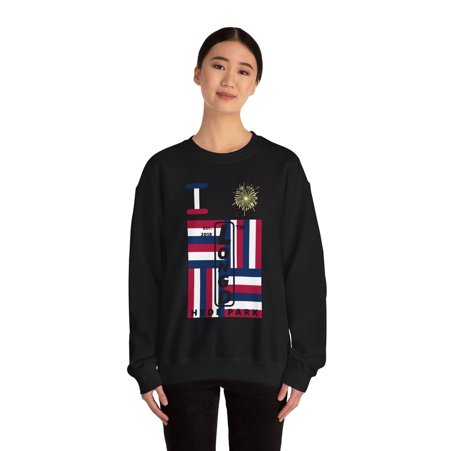 I Burst LongD negative windmill Hyde Park upright front-back logo crewneck sweatshirt