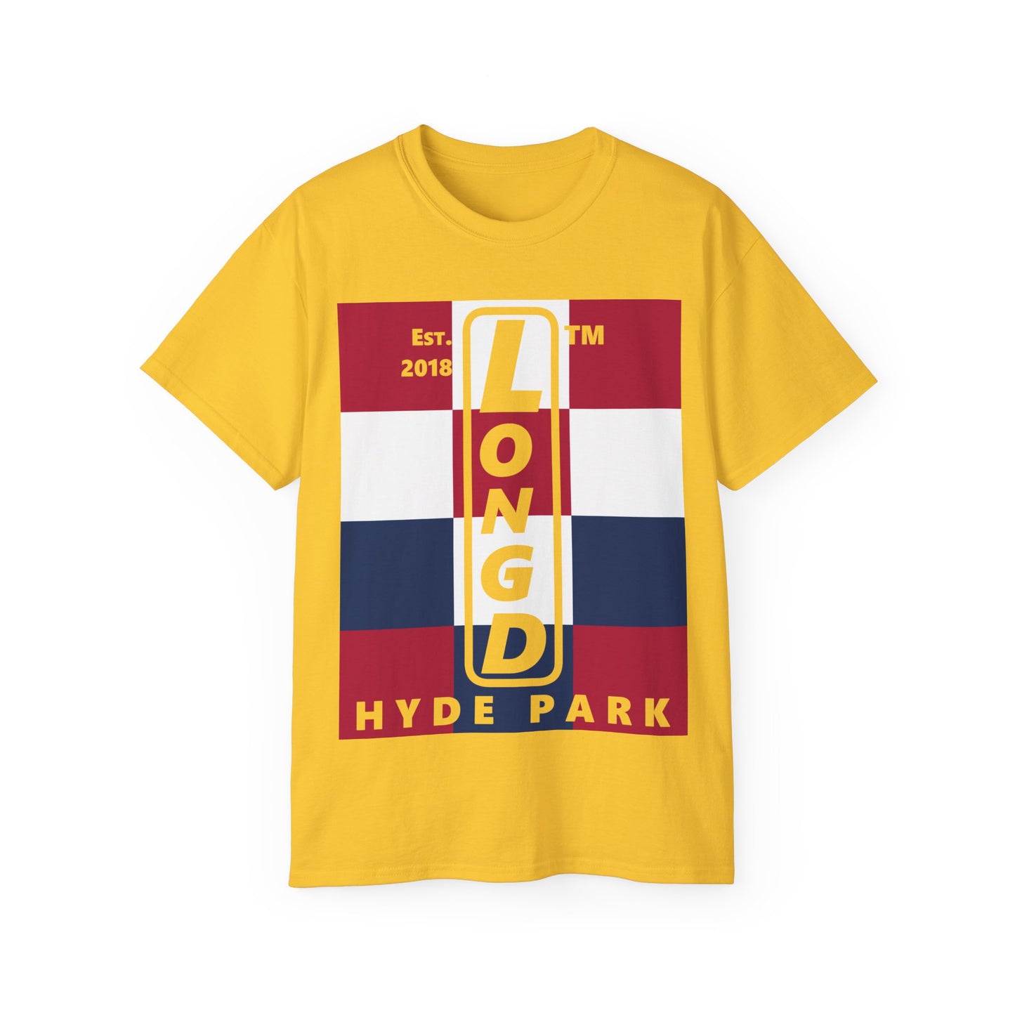 LongD cotton tee negative 4x3 Hyde Park upright logo (Patriotic colors)