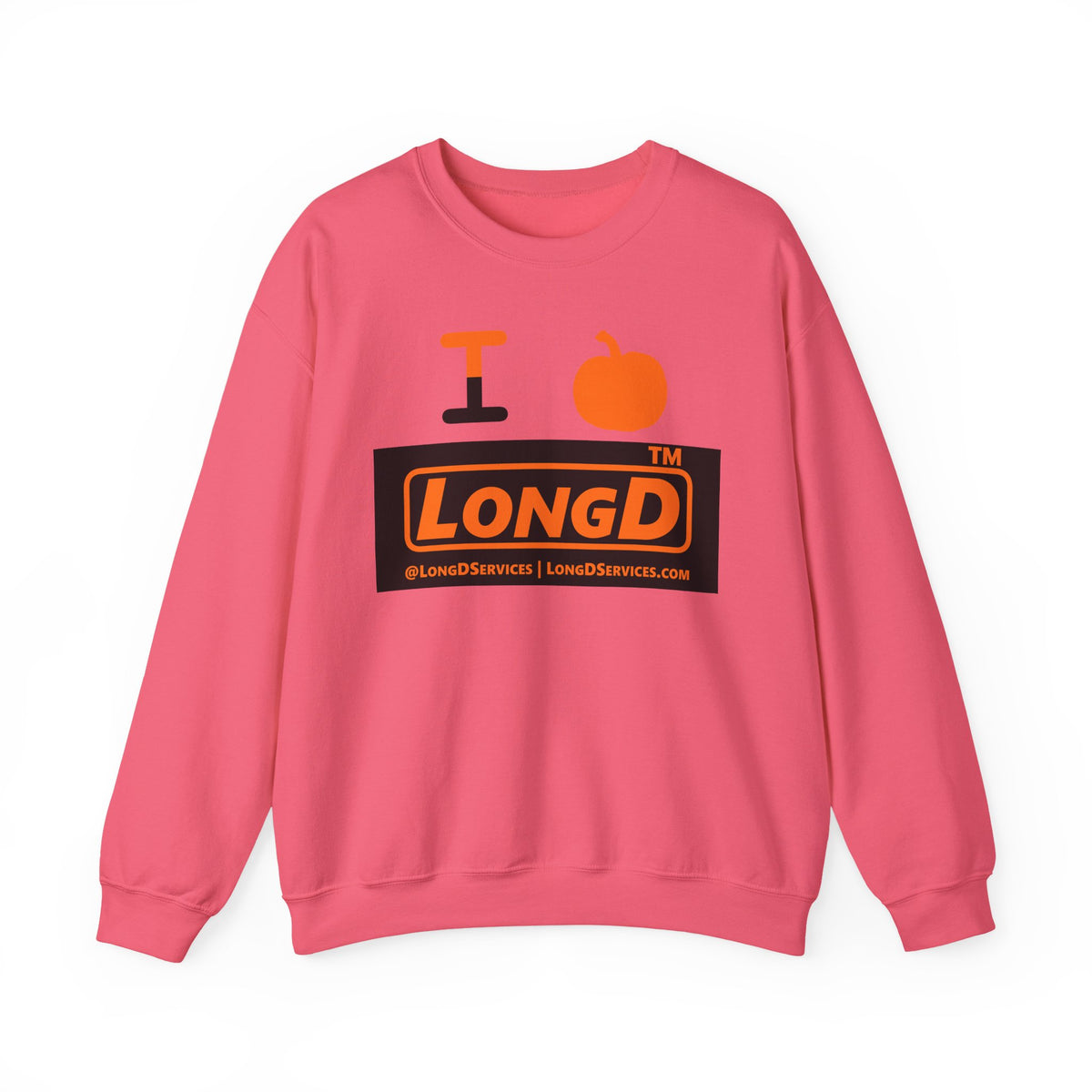 I pumpkin LongD Tag-domain logo positive orange on negative black crewneck sweatshirt