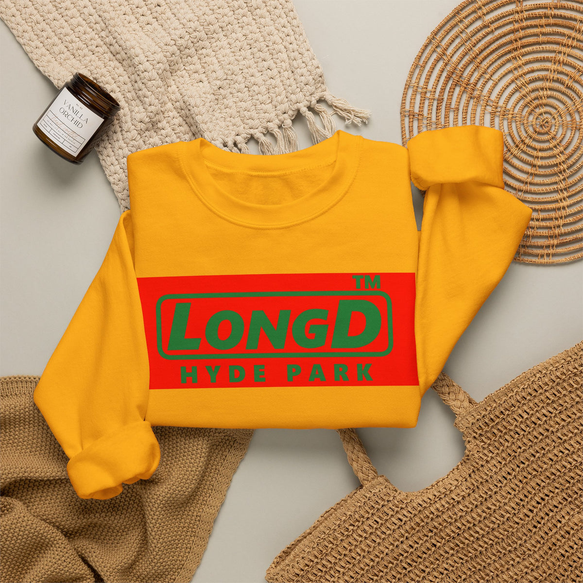 LongD Hyde Park logo positive green on negative red (Xmas colors) crewneck sweatshirt