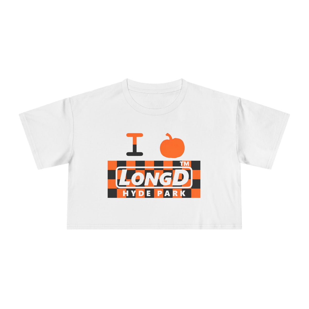 I pumpkin LongD Hyde Park negative checkered logo crop tee