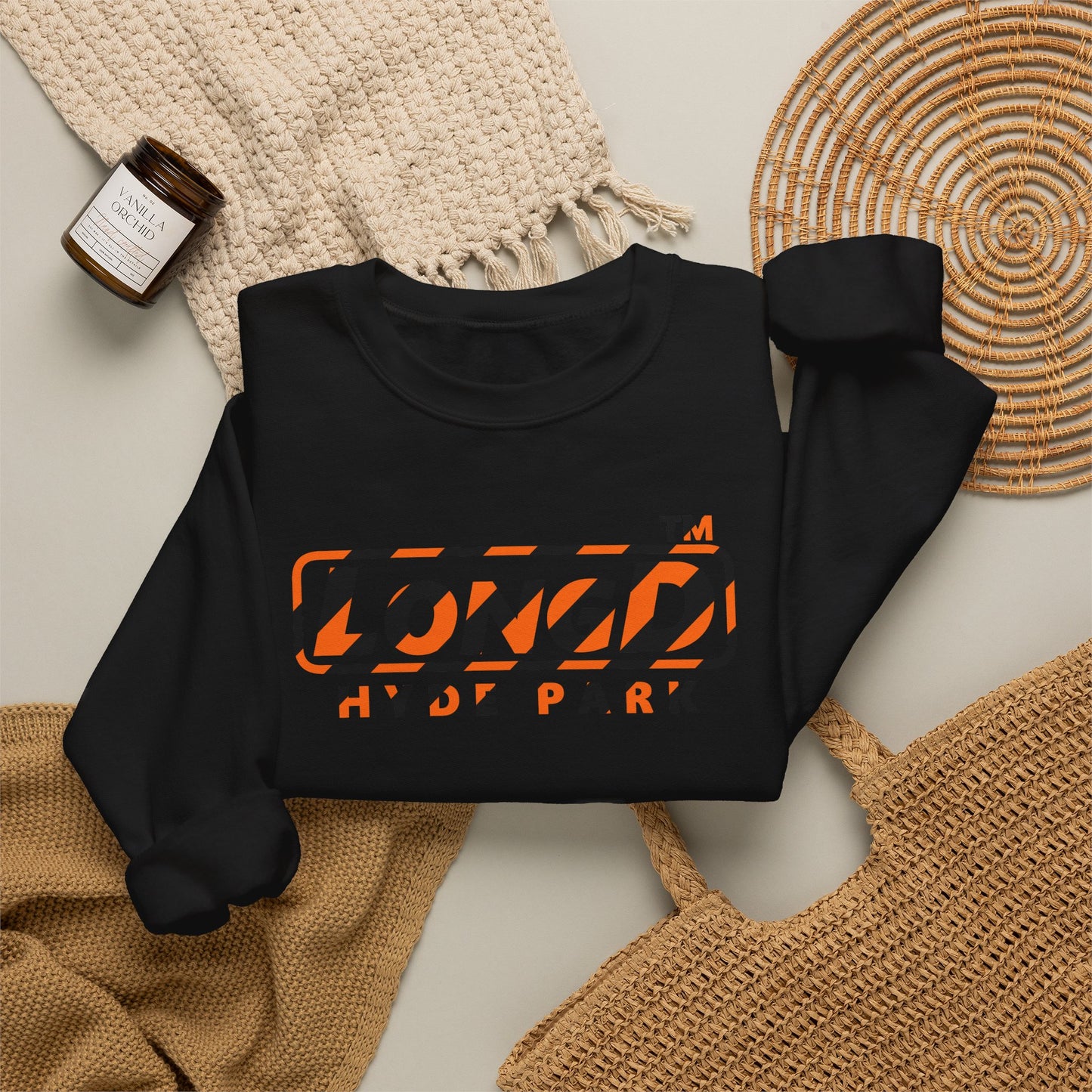 LongD Hyde Park positive 12-striped 4-print logo (Halloween colors) crewneck sweatshirt