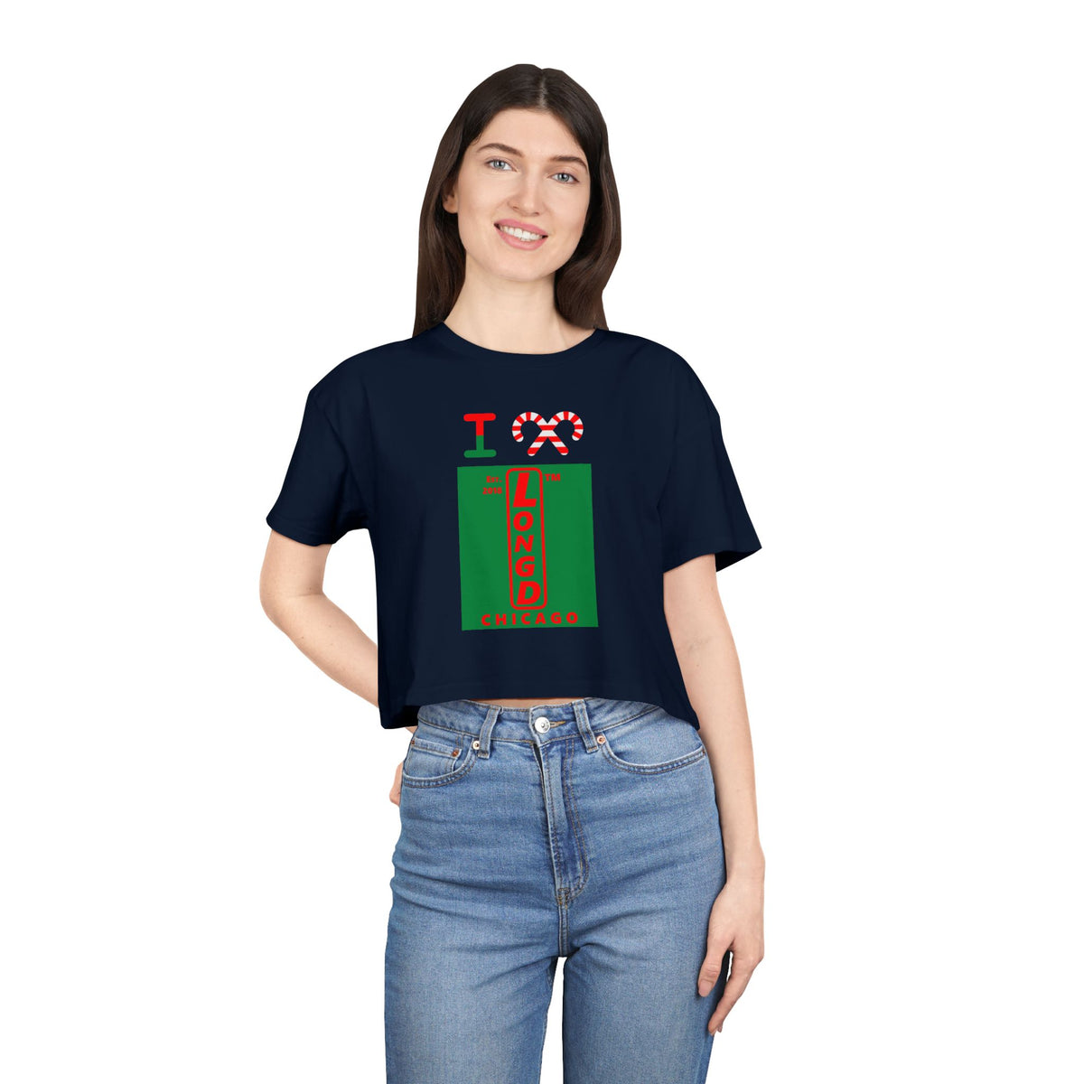 I candy cane LongD Chicago upright front-back logo positive red on negative green crop tee