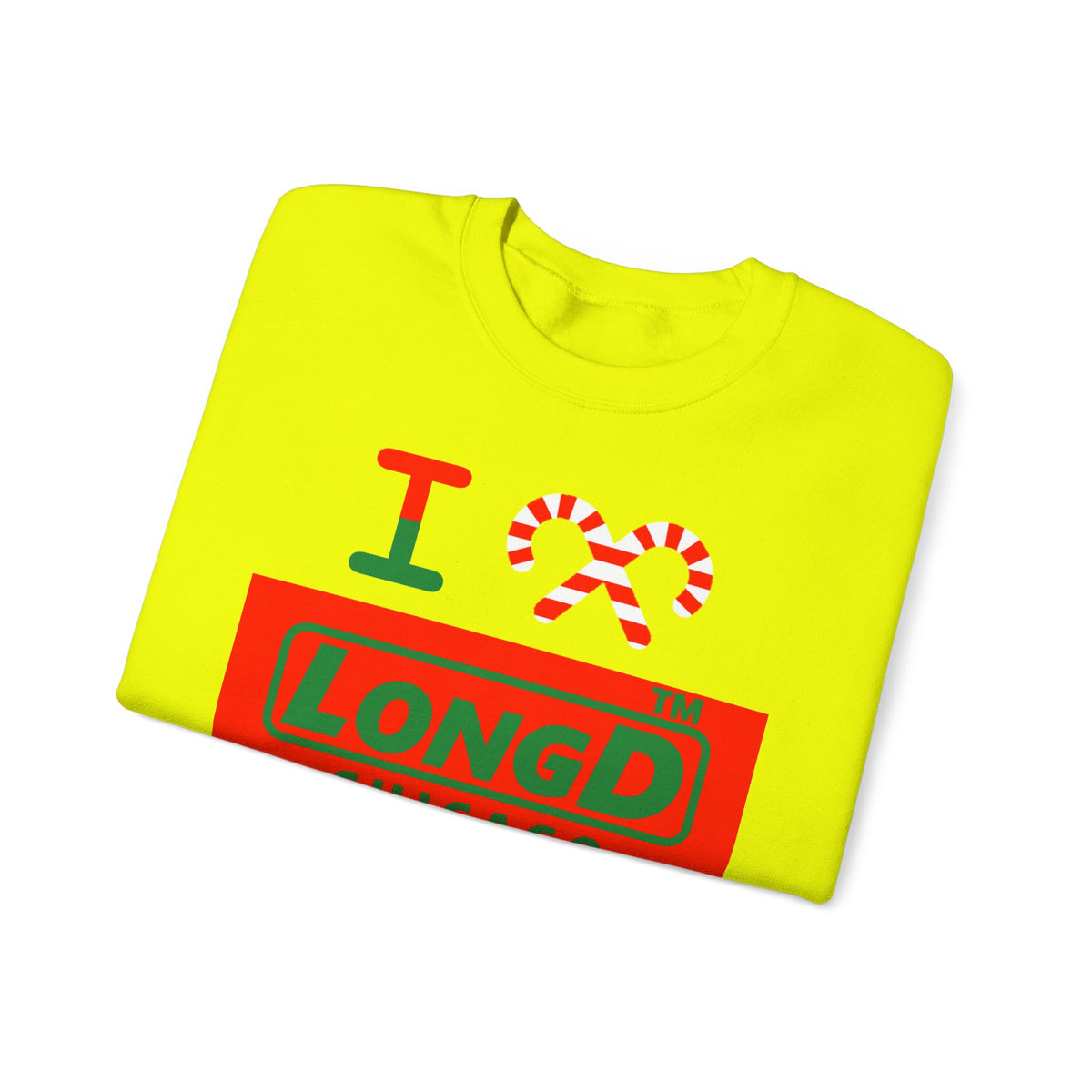 I candy cane LongD Chicago logo positive green on negative red crewneck sweatshirt