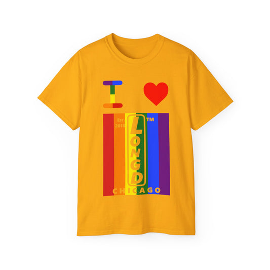 I Luv LongD Cotton Tee negative vertical striped Chicago upright logo (Pride colors)