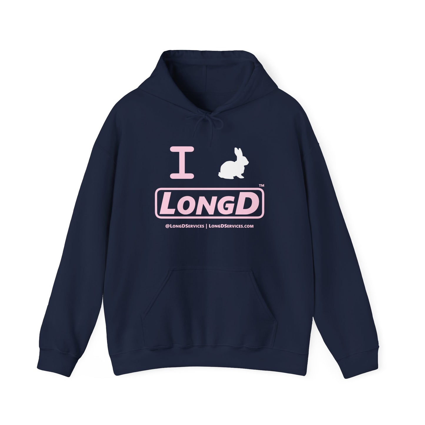 I Bunny LongD® Logo Hoodie Pastel pink text (White Easter Bunny)