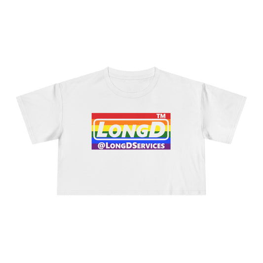 LongD negative horizontal 6-striped tag logo crop tee (Pride colors)