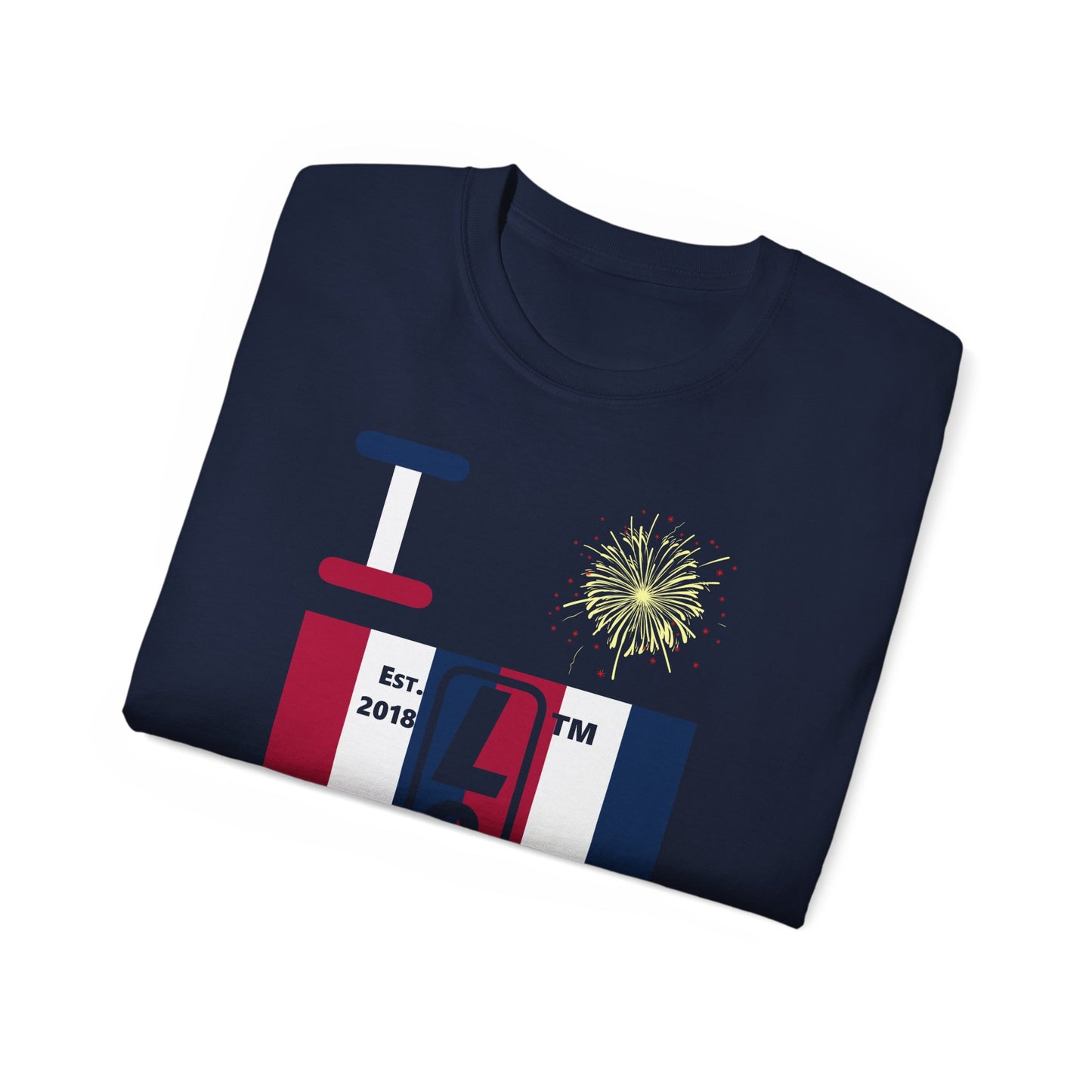 I Burst LongD cotton tee negative vertical 6-striped Chicago upright logo (Patriotic colors)