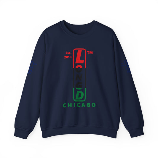 LongD positive horizontal 3-striped Chicago 4-print upright logo crewneck sweatshirt (Juneteenth colors)