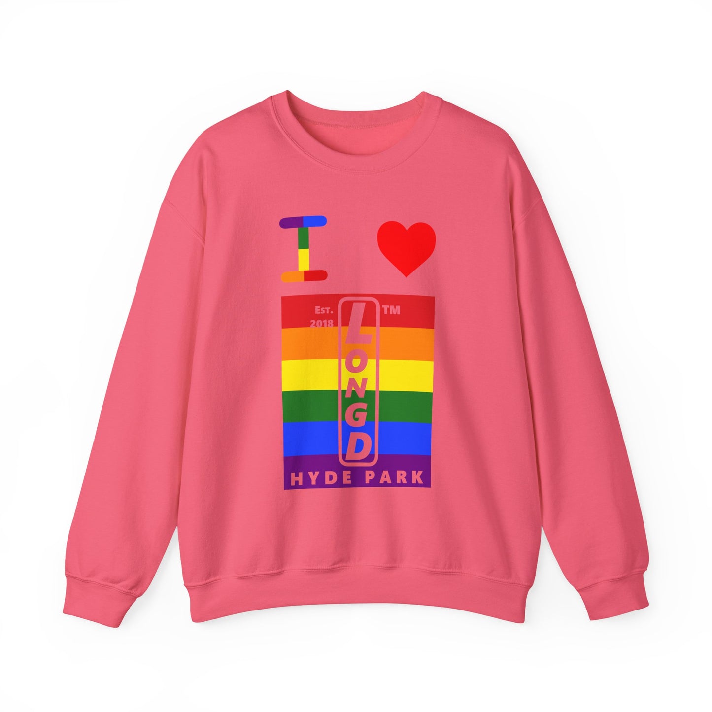 I Luv LongD negative horizontal 6-striped Hyde Park upright logo crewneck sweatshirt