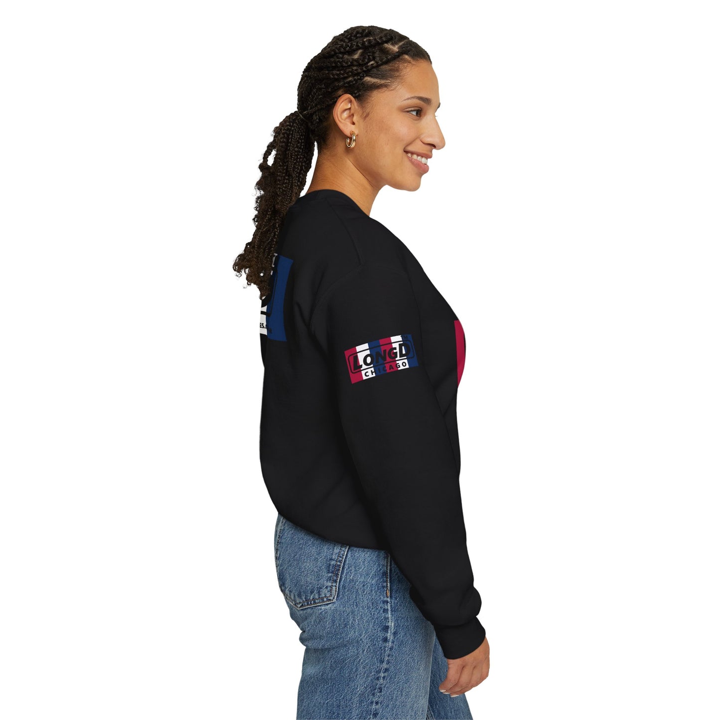 I firecracker LongD positive vertical 6-striped 4-print tag logo crewneck sweatshirt