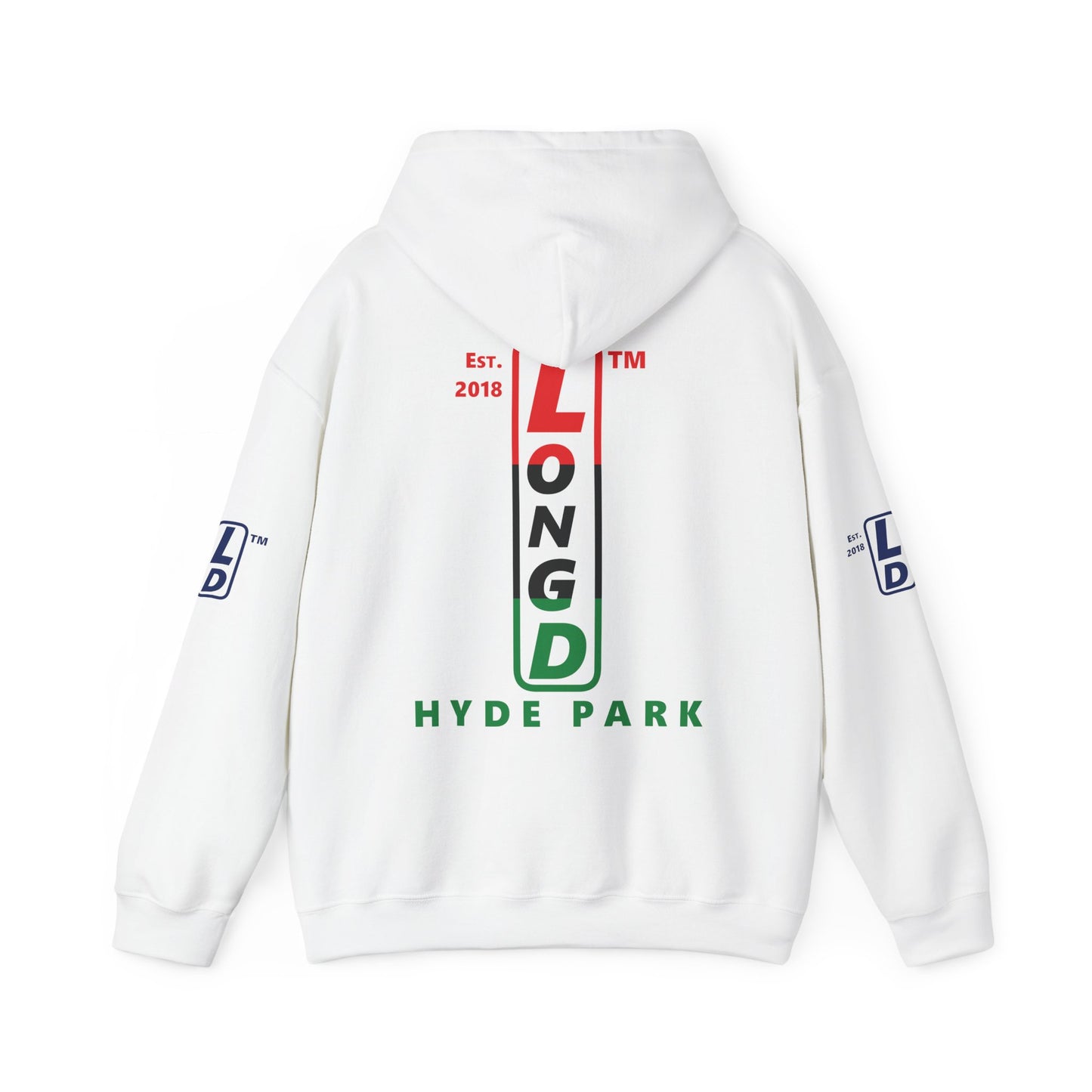 LongD® positive horizontal 3-striped Hyde Park 4-print upright logo hoodie (Juneteenth colors)