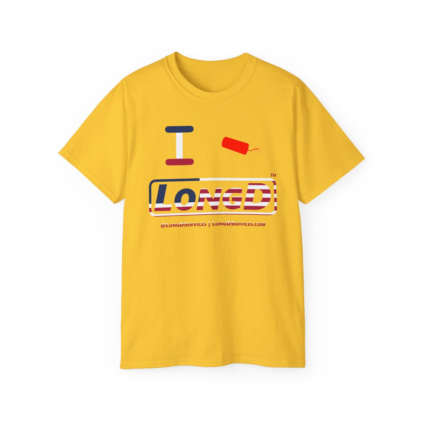 I Firecracker LongD® Logo Cotton Tee Red, White and Blue positive flag