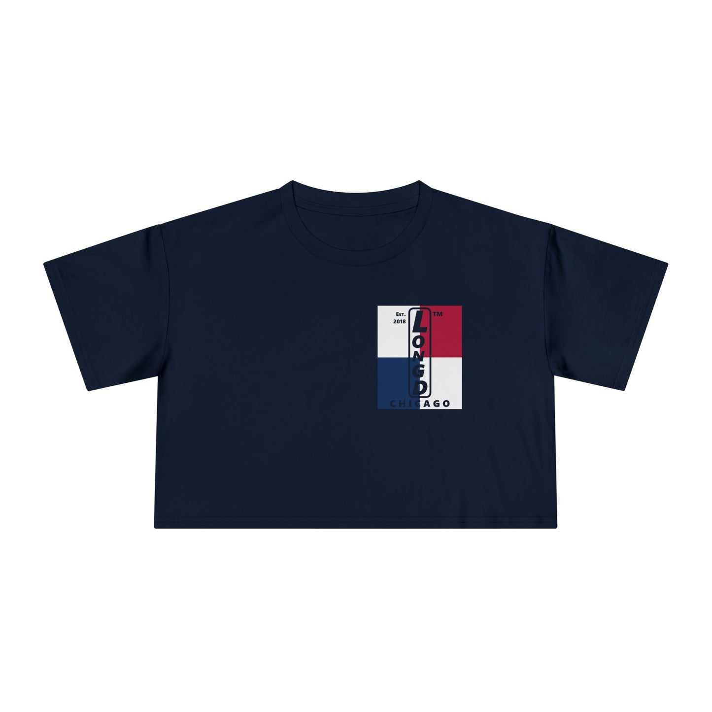 Negative quarters upright single-breasted Chicago logo crop tee (Patriotic colors)