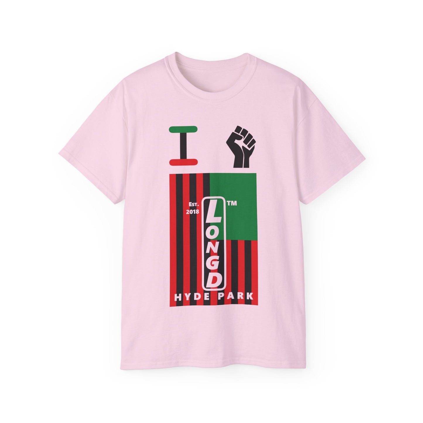 I fist LongD Cotton Tee negative flag Hyde Park upright logo (Juneteenth colors)