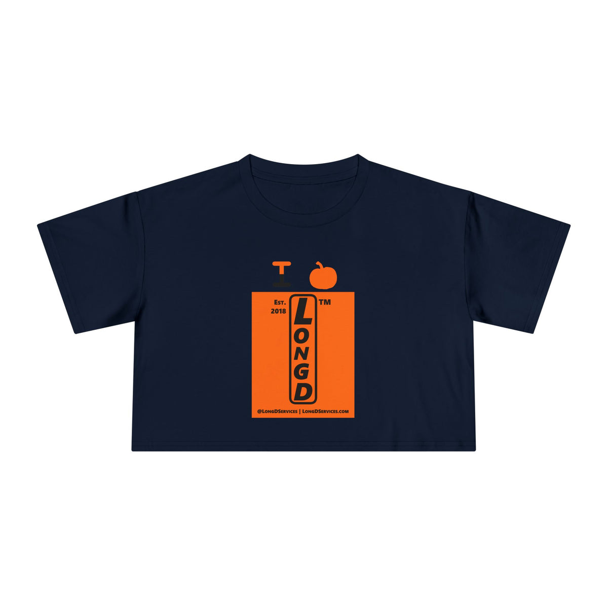 I pumpkin LongD Tag-domain upright logo positive black on negative orange crop tee