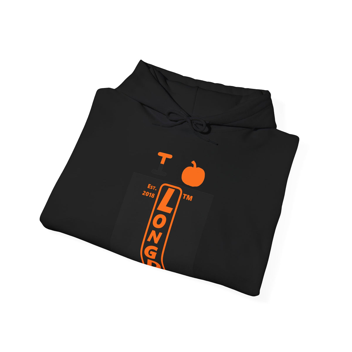 I pumpkin LongD Hyde Park upright logo positive orange on negative black hoodie