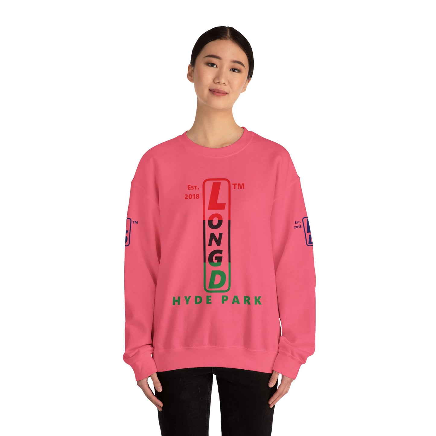 LongD positive horizontal 3-striped Hyde Park 4-print upright logo crewneck sweatshirt (Juneteenth colors)