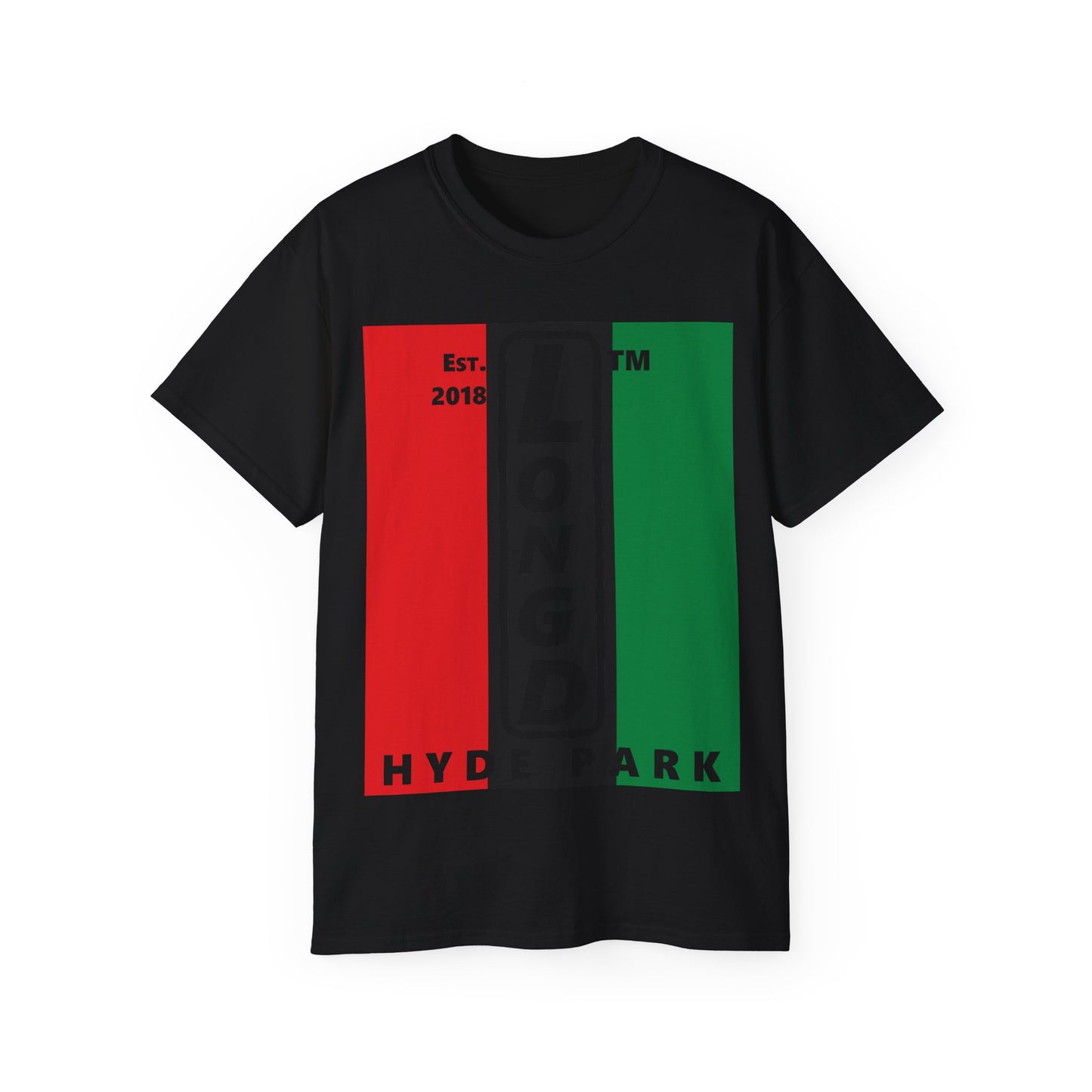 LongD Cotton Tee negative vertical striped Hyde Park upright logo (Juneteenth colors)