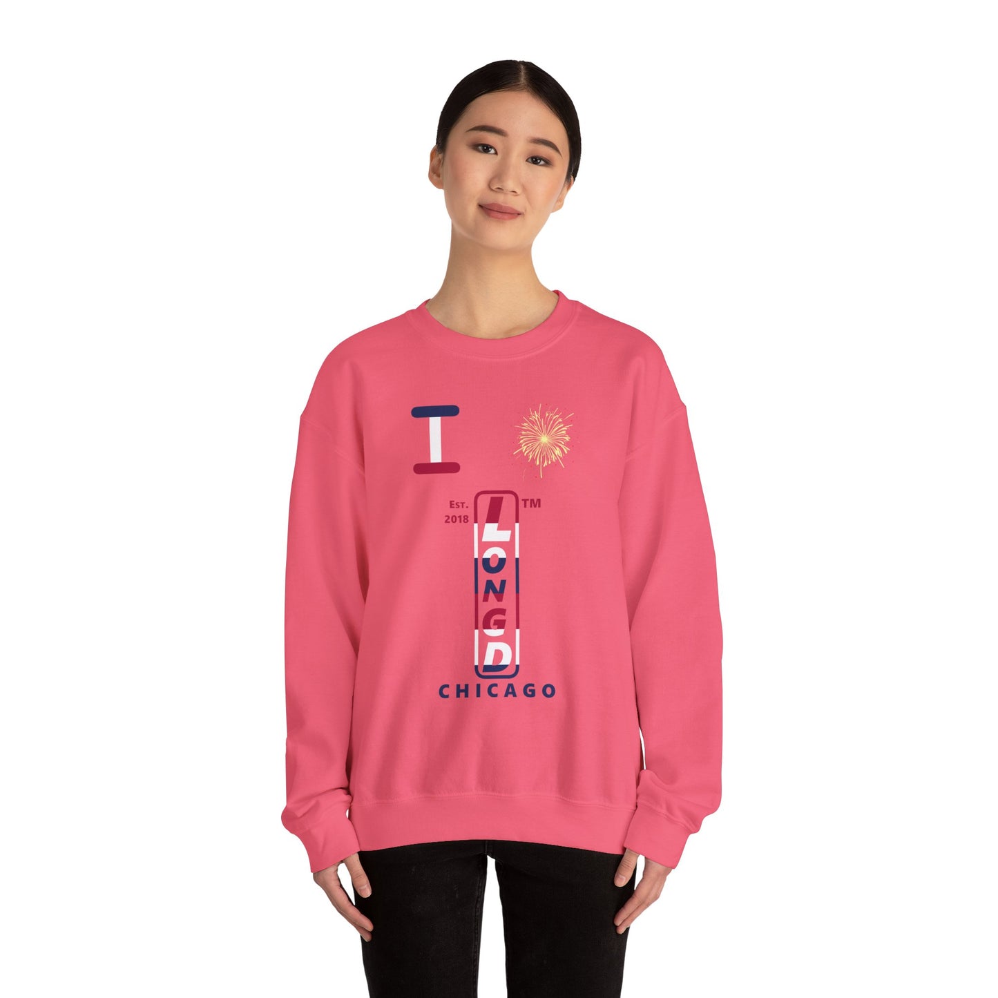 I Burst LongD positive horizontal 6-striped Chicago upright logo crewneck sweatshirt