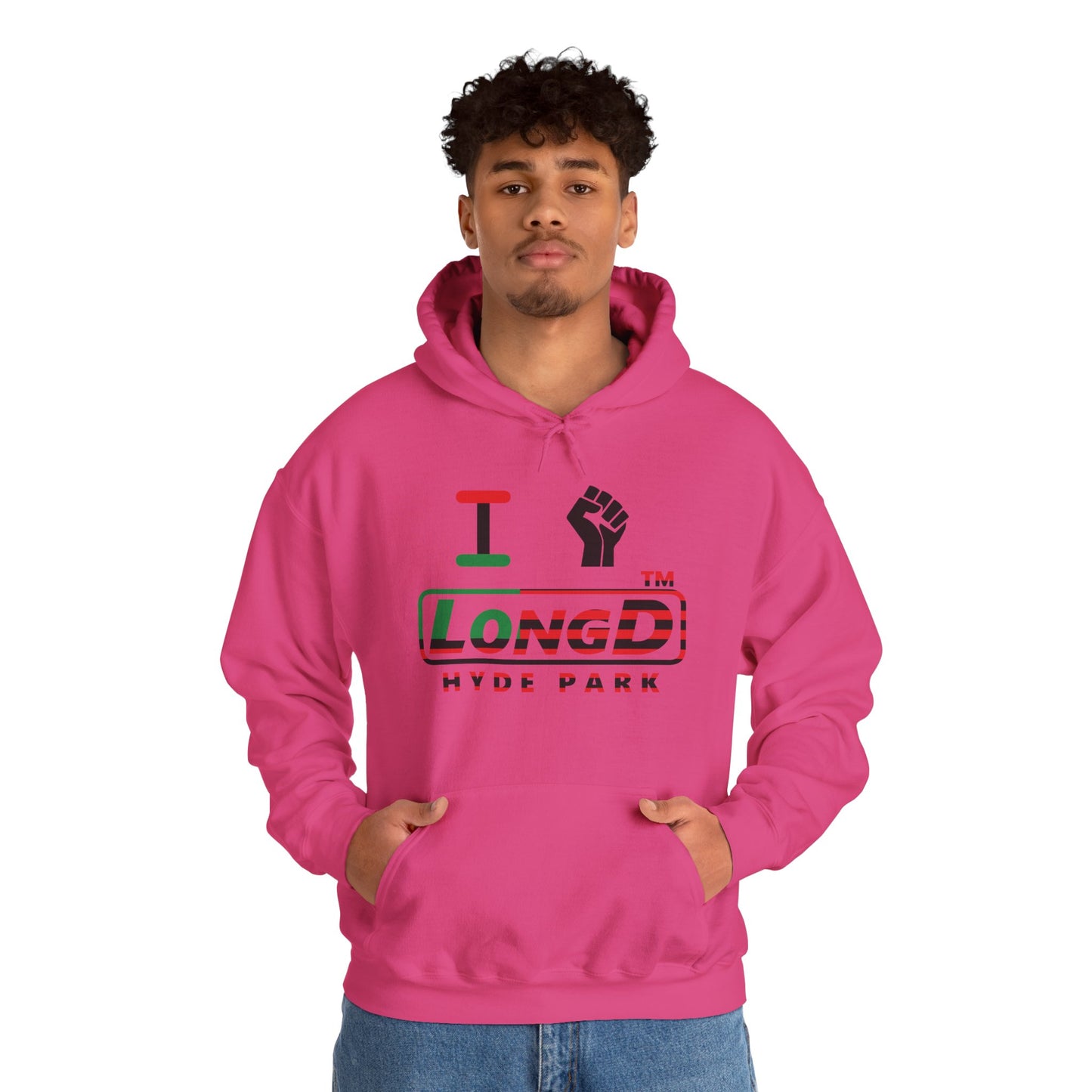 I fist LongD® positive flag front-back Hyde Park logo Hoodie (Juneteenth colors)