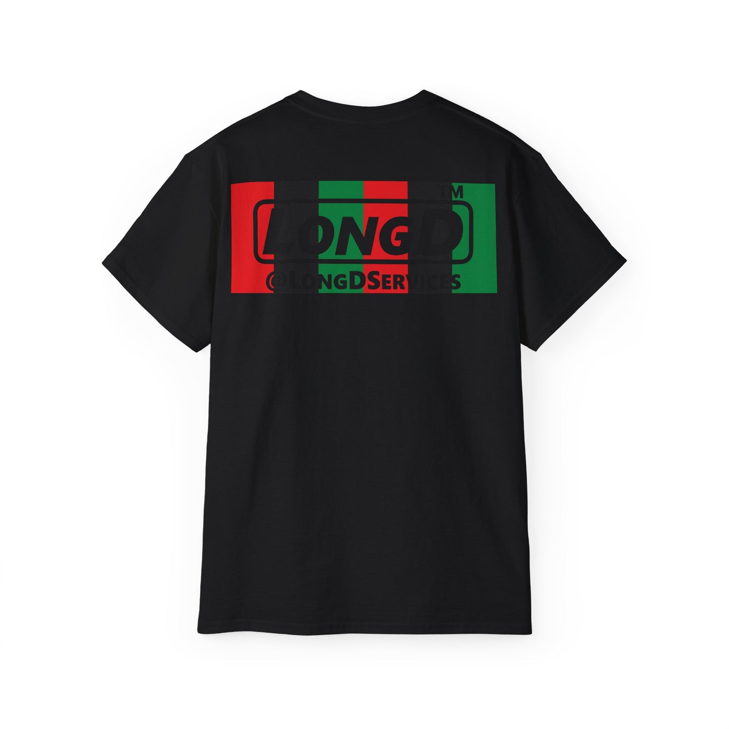 LongD negative vertical 6-striped Hyde Park logo front-back cotton tee (Juneteenth colors)