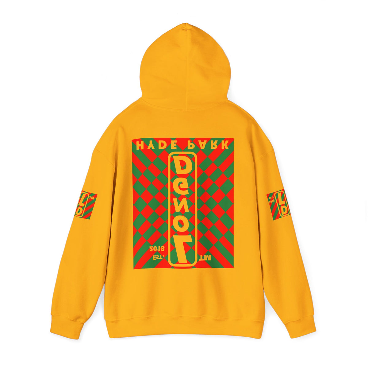 LongD Hyde Park negative upright stylized argyle 4-print logo (Xmas colors) hoodie