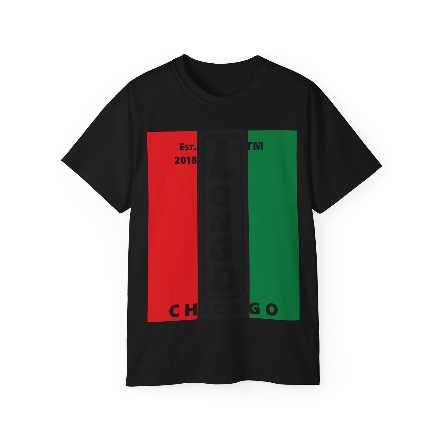 LongD Cotton Tee negative vertical striped Chicago upright logo (Juneteenth colors)
