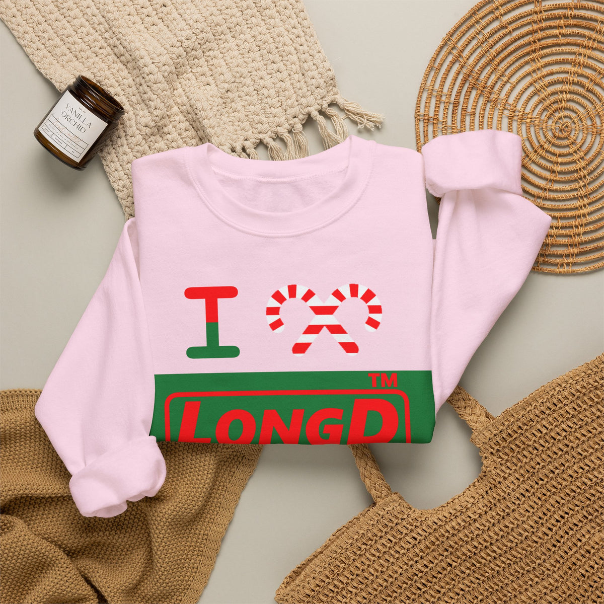 I candy cane LongD Chicago logo positive red on negative green crewneck sweatshirt