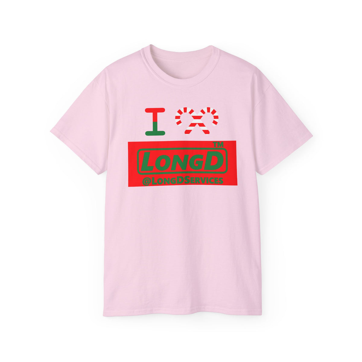 I candy cane LongD Tag logo positive green on negative red cotton tee