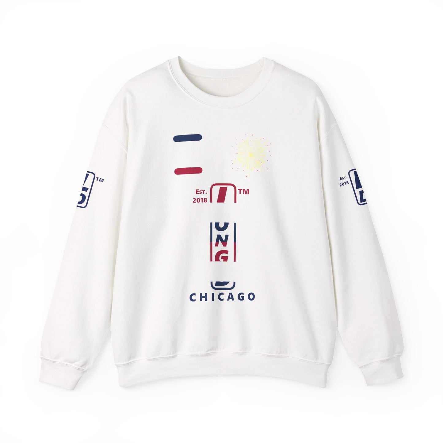 I Burst LongD positive horizontal 6-striped Chicago upright 4-print logo crewneck sweatshirt