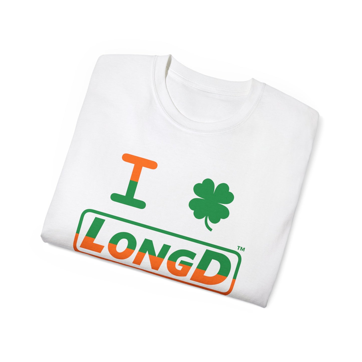 I Clover LongD® Logo Cotton Tee (St. Patrick's Day -Irish Green and Irish Orange top-bottom split with 4-leaf clover)